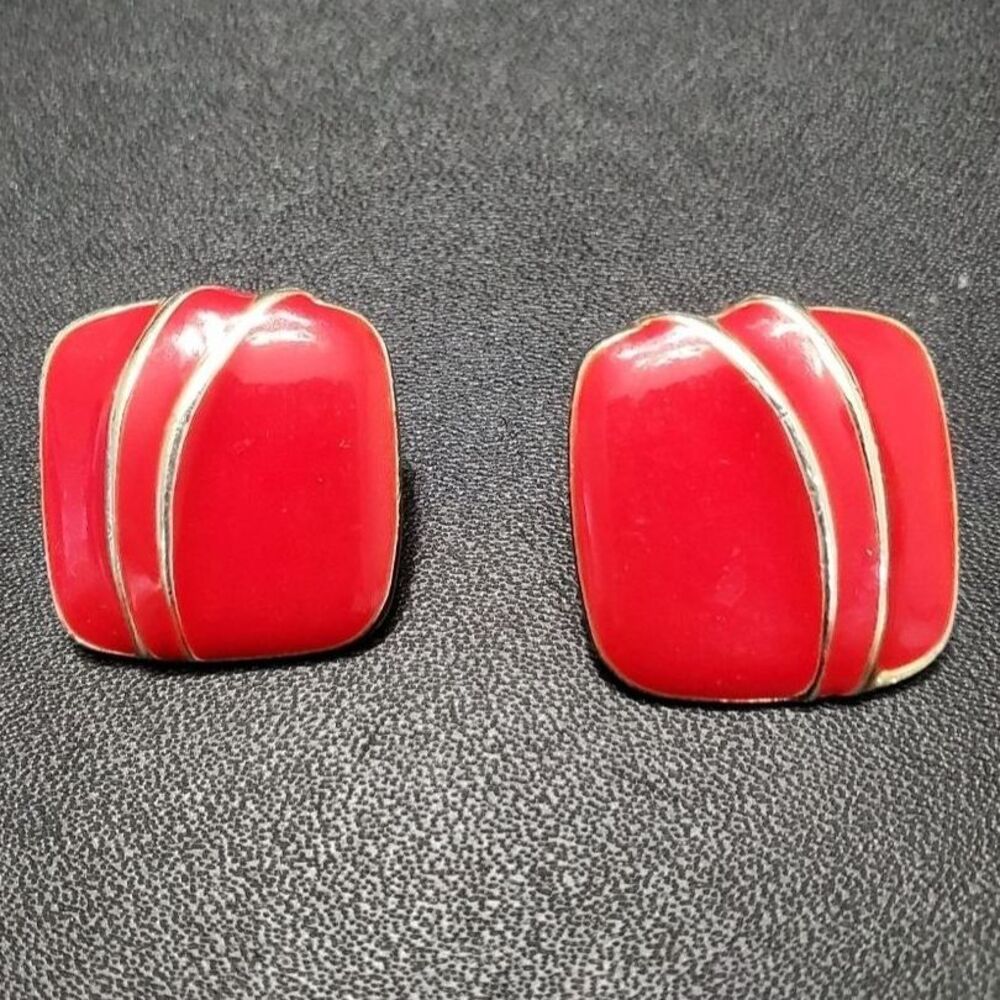 Silver tone red enamel earrings